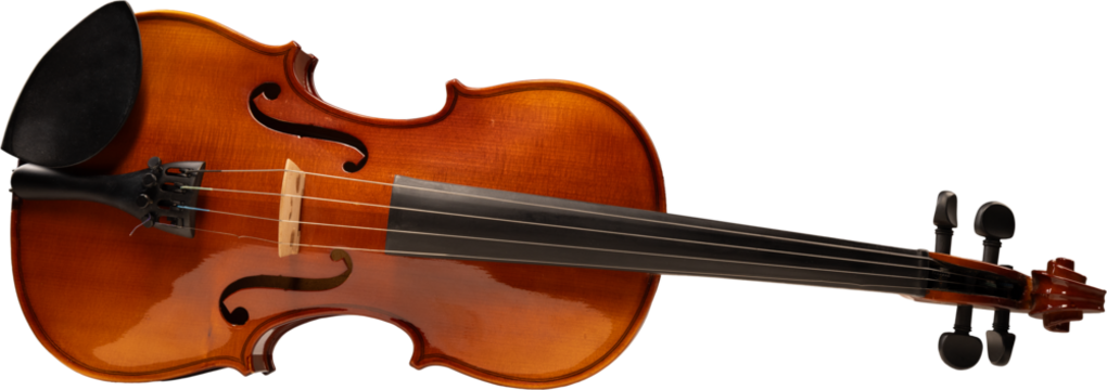 Horizontal violin lying flat with full body visible on transparent background. Concept of educational visuals, product catalogs, classical music branding and studio promotional content.