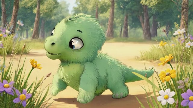 Young dinosaur with big eyes in a forest clearing - Powered by Adobe