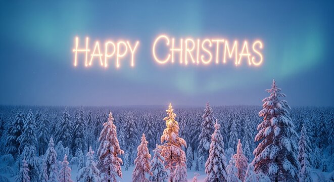 Neon Happy Christmas Sign Over Snowy Winter Forest and Aurora - Powered by Adobe
