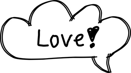 Hand-drawn speech bubble with the word “Love!” and a small heart, created in a playful doodle style. Perfect for romance themes, greeting cards, and cute designs.

