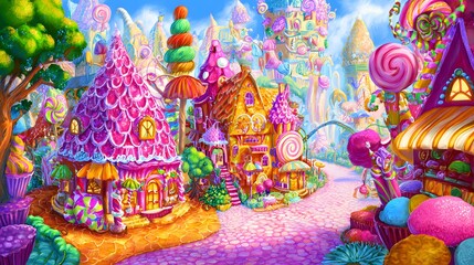 A whimsical candy kingdom bursts with vibrant sweet treats and joyful playful fantasy art scenes