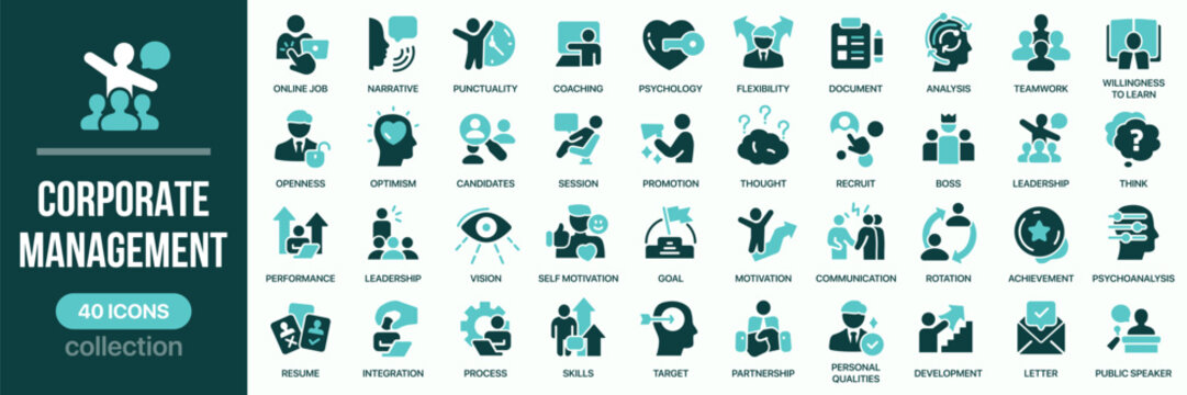Corporate management fill icon collection. Includes teamwork, motivation, leadership, vision, and personal development icons. Created in colored style with turquoise palette