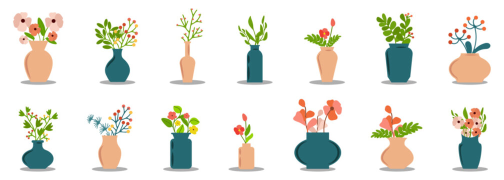 Flat floral vase collection with modern minimalist style and soft colors. Decorative flower compositions for interior or greeting art