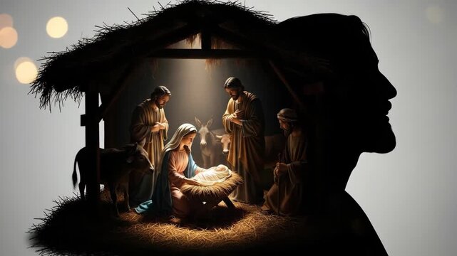 Christian nativity scene with holy family and wise men, overlaid on man's silhouette for Christmas or religious concept