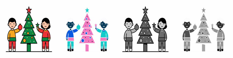 Kids decorating Christmas tree with ornaments cute festive scene – icon set multiple style collection