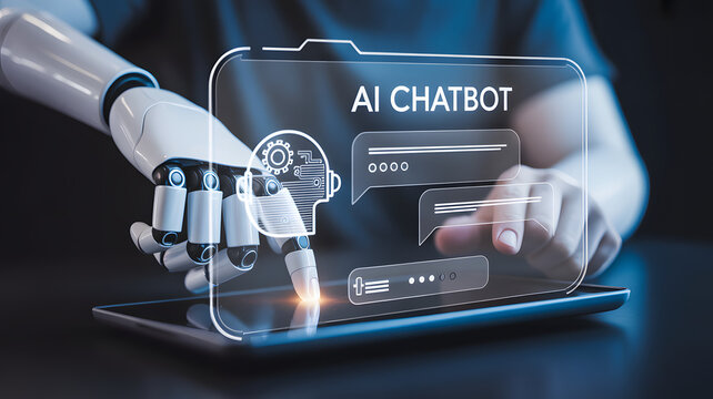 Futuristic Interaction: A robotic hand interacting with a holographic display of an AI chatbot interface, representing the cutting edge of human-machine communication.