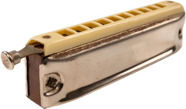 Vintage harmonica with metal body and worn texture on transparent background. Concept of blues visuals, music lessons, instrument collections, creative sound stories, merchandise, retro branding.