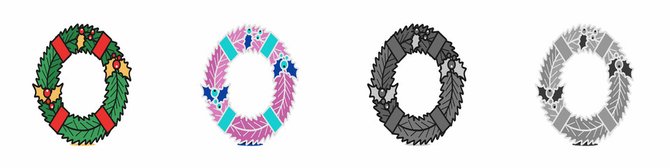 Christmas wreath decorative circle ornament illustration icon set multiple style collection