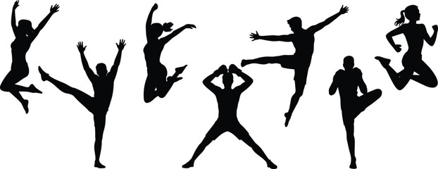 Silhouette group of people jumping and dancing with energetic movement expressing joy, freedom, celebration, fitness, activity, motion, excitement