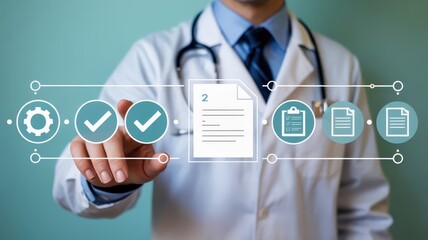 Medical professional interacts with a digital workflow interface featuring process steps and documentation icons