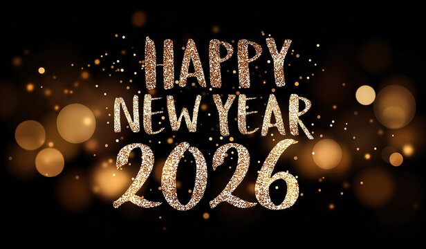 Happy New Year 2026 written in glittering golden letters on black background with bokeh lights around text having elegant festive font design.