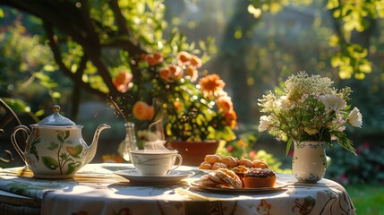 Halcyon Days. Peaceful garden tea time, elegant outdoor breakfast setup on vintage patio, fresh flowers in vase, morning sunlight through trees, dappled shadows, steaming coffee cup
