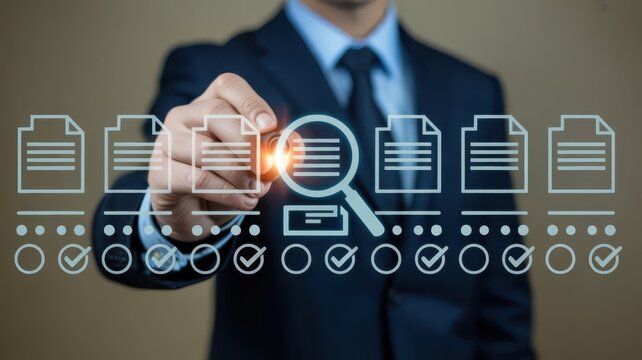 Professional person examines digital documents with magnifying glass icon overlay