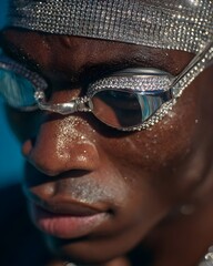 Dark skin man closeup, wearing swimming googles, he has a swimming cap made of crystals