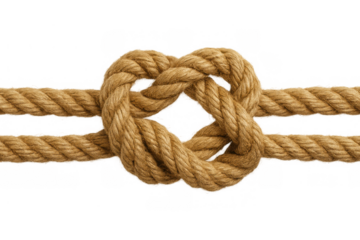 Rope forming a symbolic heart knot, representing strong bonds, togetherness, partnership, and affection. Transparent background