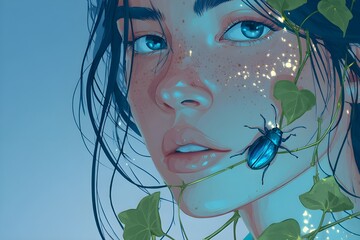 A digital illustration of a dreamy young man with delicately spotted porcelain skin, gazing softly at the viewer. A shiny blue beetle crawls along a green vine that gracefully winds around his face