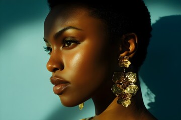 A 25-year-old black woman with dark skin and short black hair, wearing large, ornate gold flower earrings. The background is a light blue to white gradient