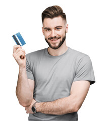 Handsome man holding credit card isolated transparent PNG, Young casual businessman with empty blank card on white background advertising your product, Online shopping, e-commerce, internet banking