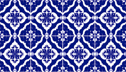 Fototapeta premium Modern Moroccan geometric pattern tile design, bold blue and white color, seamless