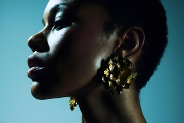 A 25-year-old black woman with dark skin and short black hair, wearing large, ornate gold flower earrings. The background is a light blue to white gradient