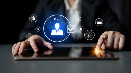 Digital KYC verification with biometric scan, ID authentication, and financial security icons representing identity verification, secure onboarding, fraud prevention, and compliance Latch