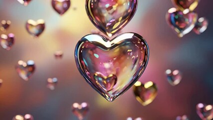 A mesmerizing display of iridescent, translucent heart shapes gently floating and shimmering against a soft, dreamlike bokeh background. The glassy hearts catch and refract light, creating a beautiful - Powered by Adobe