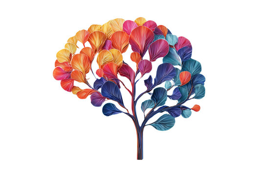 Vibrant abstract brain tree with colorful leaves representing thought and creativity isolated on transparent background
