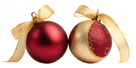 Two Christmas ornaments with gold ribbon, isolated on transparent background, festive holiday decor, glossy red and gold balls, sharp detail