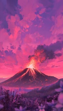 Volcanic Sunset Anime Art Paricut&iacute;n Eruption Vivid Sky Illumination Creative Landscape Design