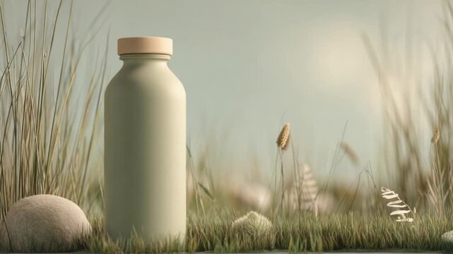 Eco-Friendly Beverage: A minimalist bottle, a symbol of sustainable living, sits amidst a verdant landscape. Its neutral hue and natural materials reflect a dedication to the environment.