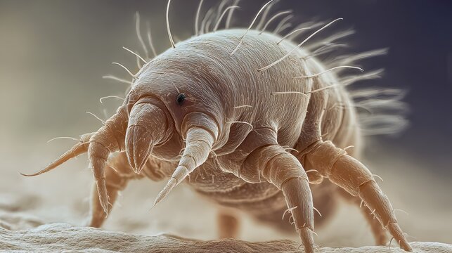 Microscopic life reveals intricate details of a dust mite’s fragile segmented form