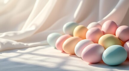 Colorful Easter eggs on soft fabric in bright natural light  