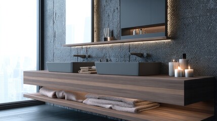 Modern bathroom interior with double sinks candles and textured wall design detail