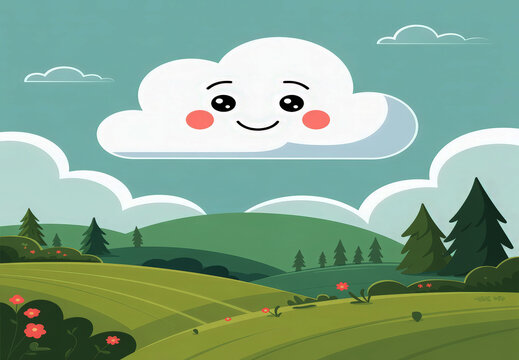 Cute cartoon cloud with smiling face floating over green hills and pine trees in cheerful landscape style on blue sky background