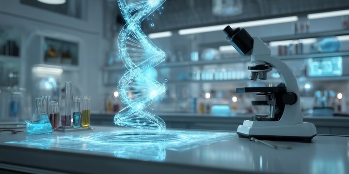 Futuristic laboratory setup with holographic DNA strand and microscope on counter, concept for pharmaceutical research, genetic engineering and biotechnology advancements