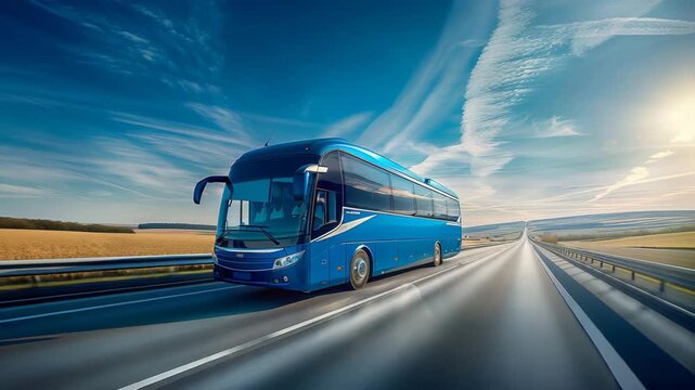 Blue tour bus driving on a highway through a rural landscape under a bright blue sky with wispy clouds on a sunny day, showcasing travel 4k video