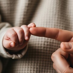 Baby hand reaching for adult finger in gentle connection  