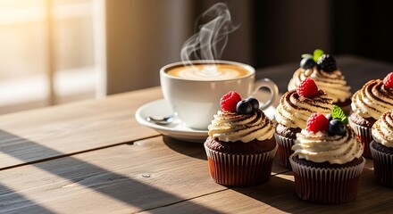 Coffee cup with steaming beverage and decorated cupcakes on table  