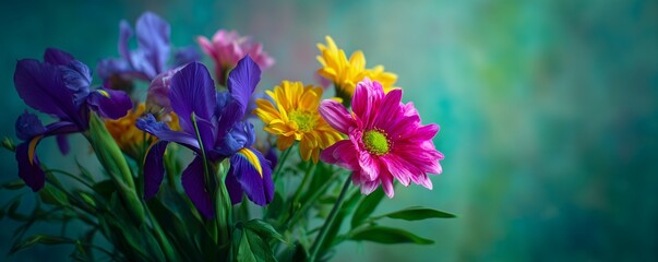 Vibrant bouquet of irises and daisies against a textured blue-green backdrop, concept for floral arrangements, greetings cards and botanical illustrations