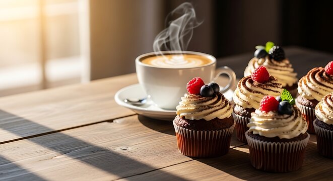 Coffee cup with steaming beverage and decorated cupcakes on table  