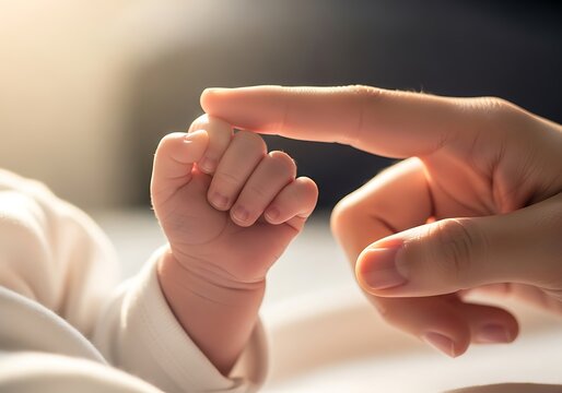 Parent's finger gently touching baby's hand in soft light