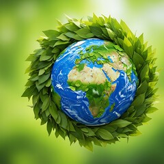 Earth globe surrounded by green leaves on blurred background  