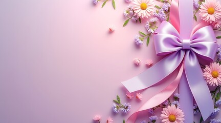 Floral arrangement with pink daisies and decorative ribbon on pastel background  