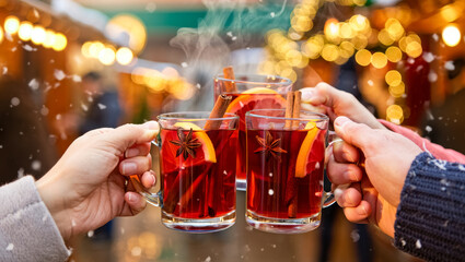Close-up of three steaming glasses of mulled wine raised in a cheerful toast, with citrus slices, cinnamon sticks and star anise glowing against warm holiday lights and falling snow