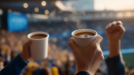 Close-up of steaming coffee cups and clenched fists as the crowd erupts into cheers — authentic energy of passion, tradition, and connection that unites fans worldwide during football’s biggest