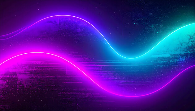 Neon purple-to-cyan gradient with digital static noise
