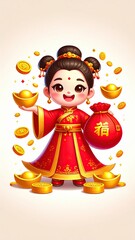 Cute Chibi Chinese God of Wealth Character Illustration, Chinese prosperity chibi art, cute fortune girl character design, 3D lucky girl illustration