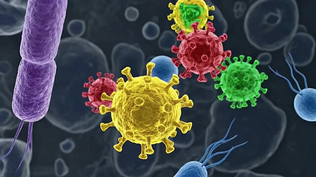A mesmerizing microscopic view reveals a vibrant array of diverse microorganisms, including various types of bacteria and virus-like particles, dynamically floating and interacting within a cellular e