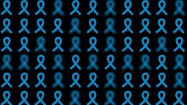 seamless pattern with blue prostate cancer awareness month glossy satin ribbon sign symbol geometric motif background, animated ribbon bow random blurred popup video motion graphics black bg