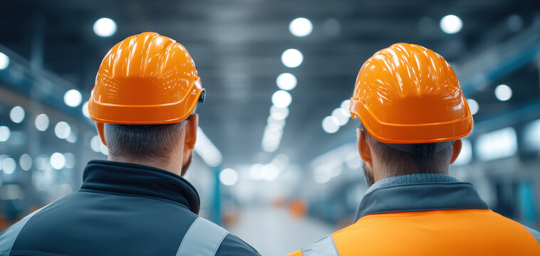 Factory workers in industrial setting showcase dedicated workforce. Their orange helmets symbolize safety and teamwork as they focus on their tasks in well lit environment
